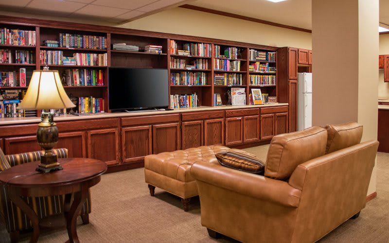 Cozy living room with bookshelves and a television.
