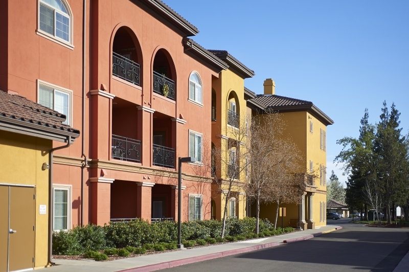 Colorful apartment buildings in an urban residential area.