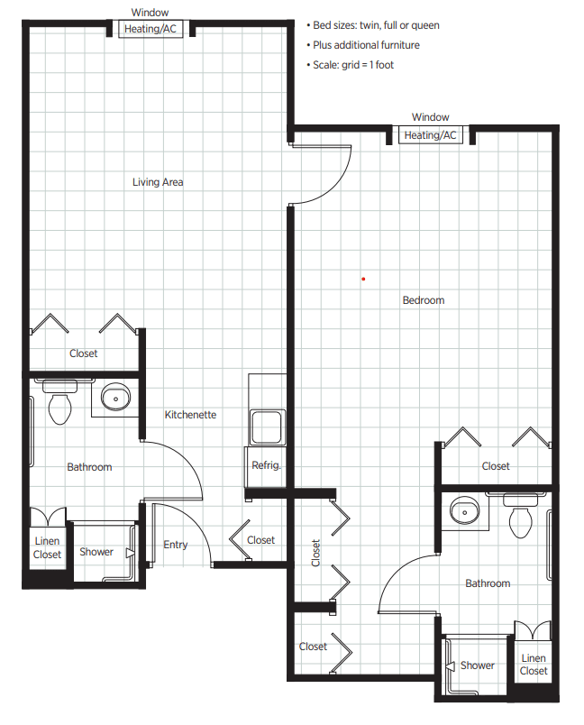 A floor plan showing the layout of a two-room apartment with living areas and bathrooms.