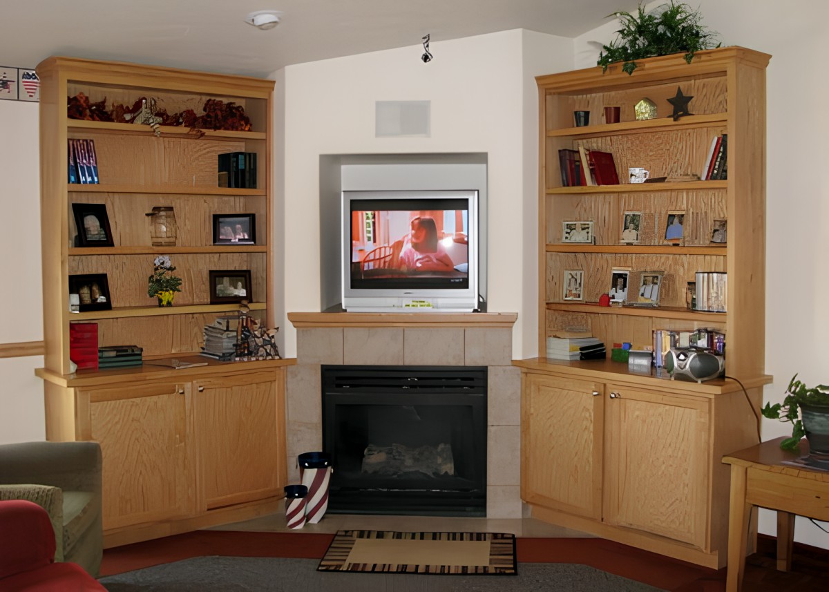 A cozy living room featuring built-in wooden bookshelves, a fireplace, and a mounted television.