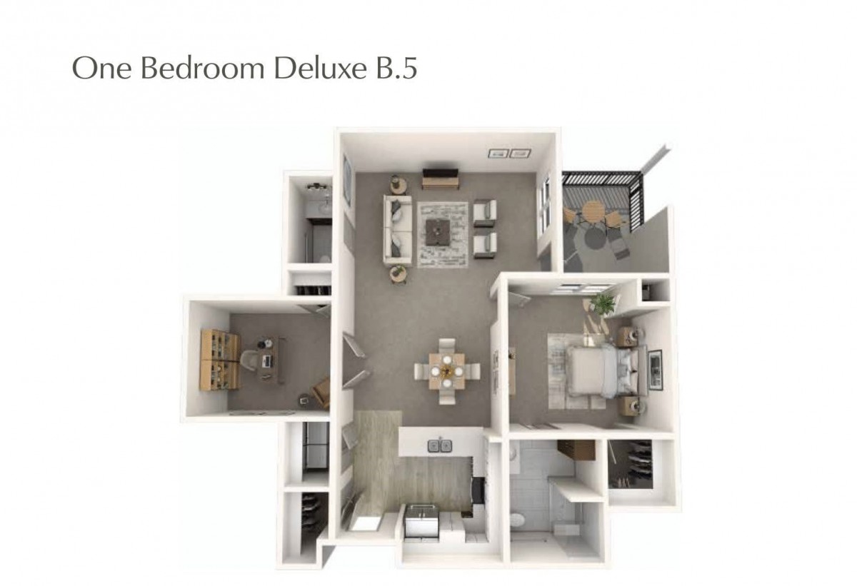 A detailed floor plan of a Bedroom Deluxe 8.5 model, showcasing the interior layout.