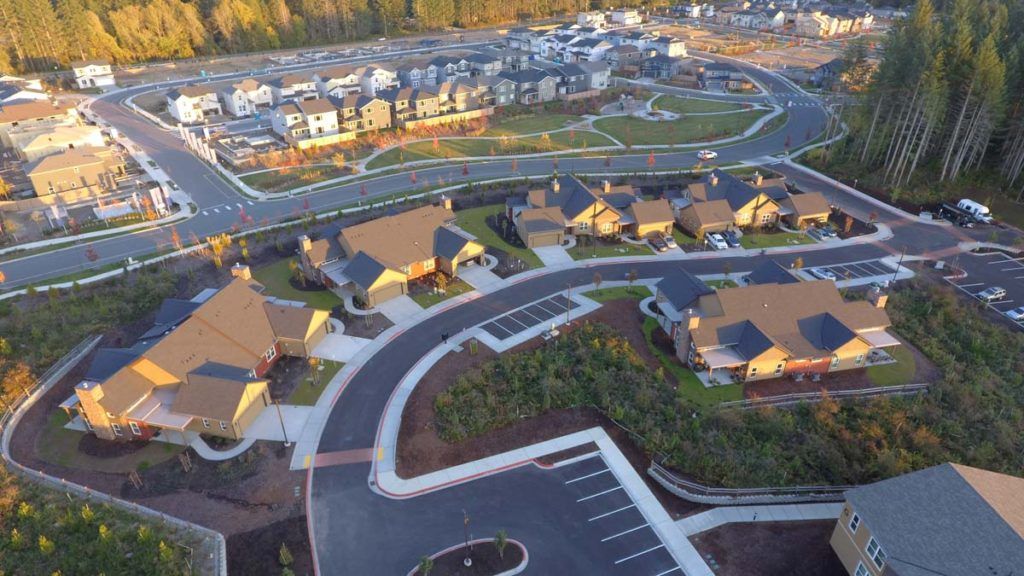 Aerial view of a suburban neighborhood with winding roads and neatly arranged houses.