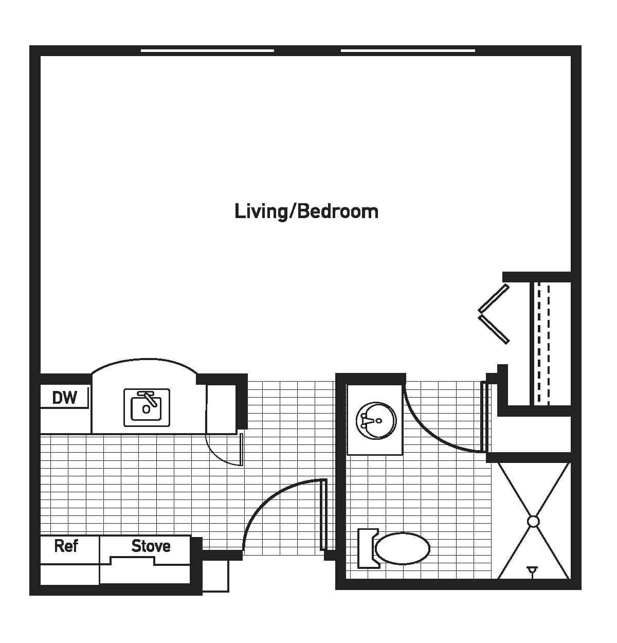 Studio apartment floor plan with a combined living and bedroom area, kitchen, and bathroom.