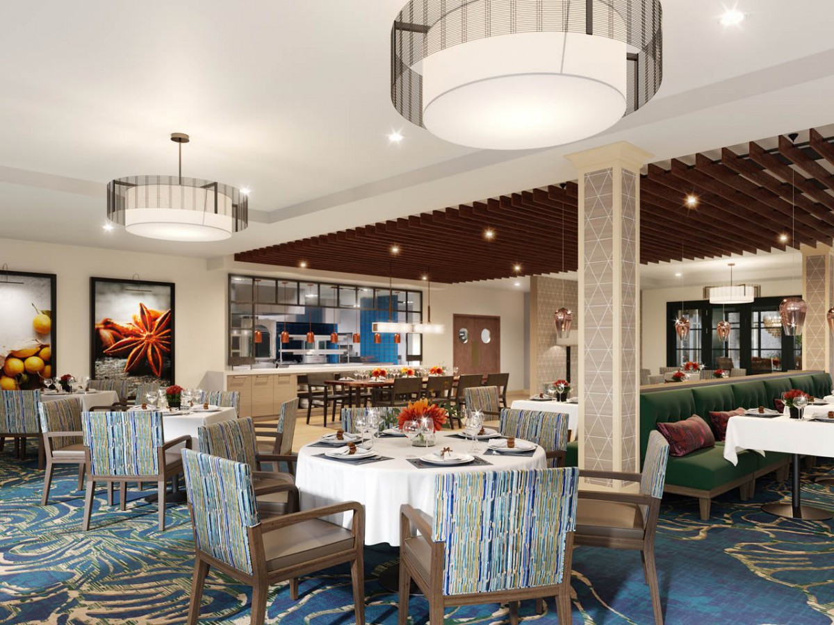 A modern restaurant interior with elegant lighting and stylish decor.