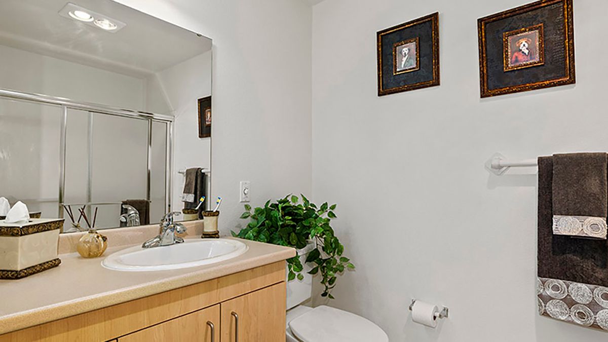 A tidy bathroom featuring a mirror, sink, toilet, and decorative wall art with a plant for a touch of greenery.