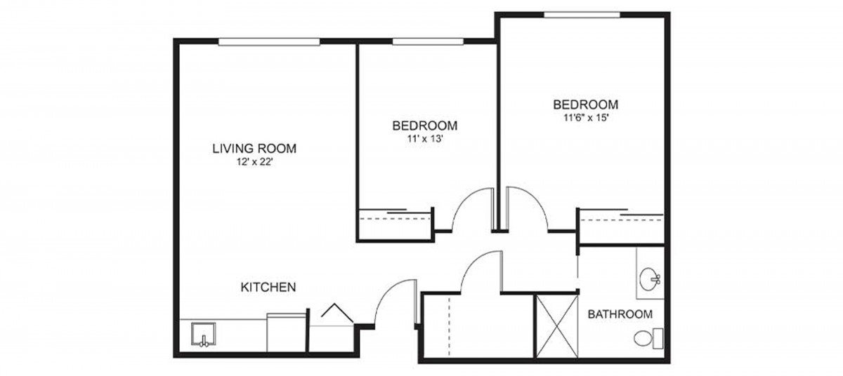 A floor plan showing the layout of a two-bedroom apartment with labeled room dimensions.