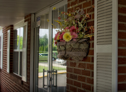 A vibrant flower arrangement adds a cheerful touch to the entrance of this building.