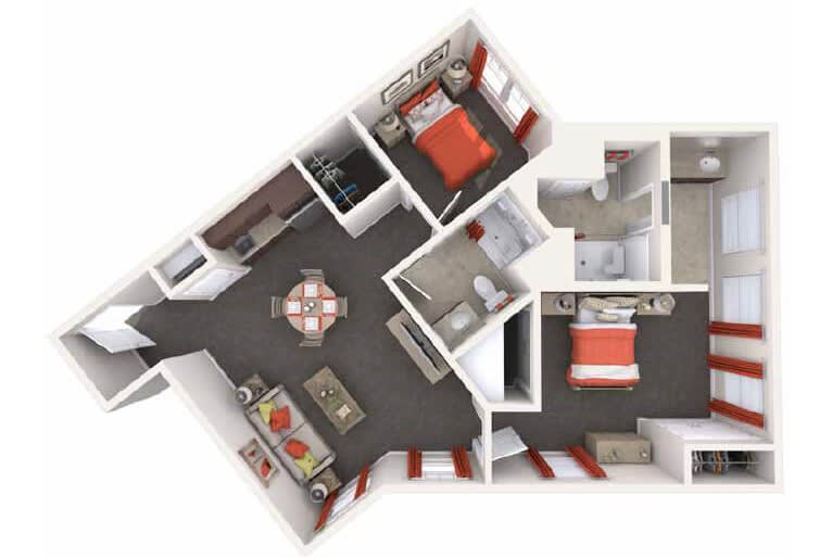 This is a 3D floor plan of a two-bedroom apartment with an open living area, kitchen, and bathroom.