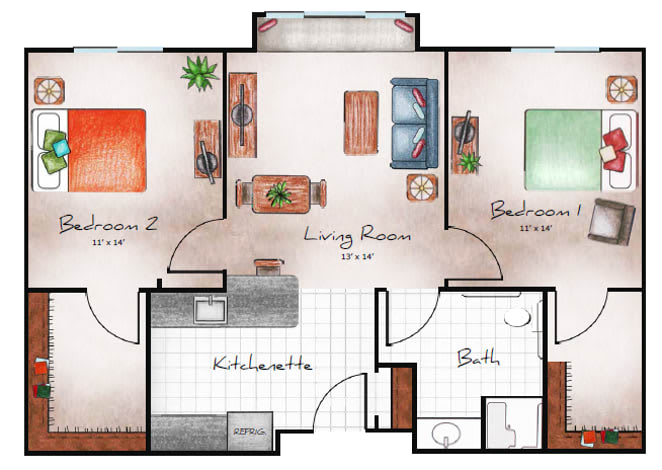 A simple two-bedroom apartment floor plan featuring a living room, kitchenette, and bathroom.