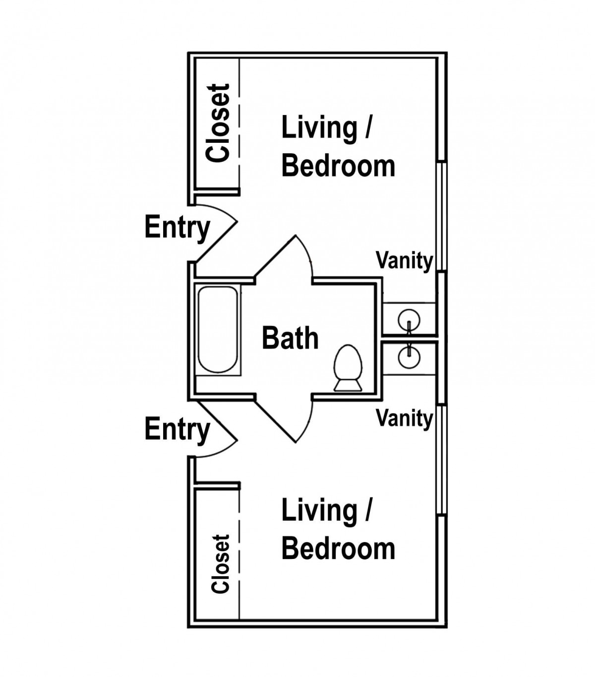 Floor plan of a studio apartment with two living/bedroom areas, a central bathroom, and closets.