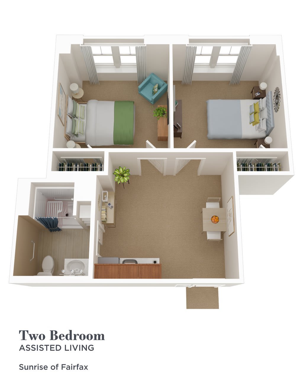 A 3D floor plan of a two-bedroom apartment with a living area, kitchen, and bathroom.