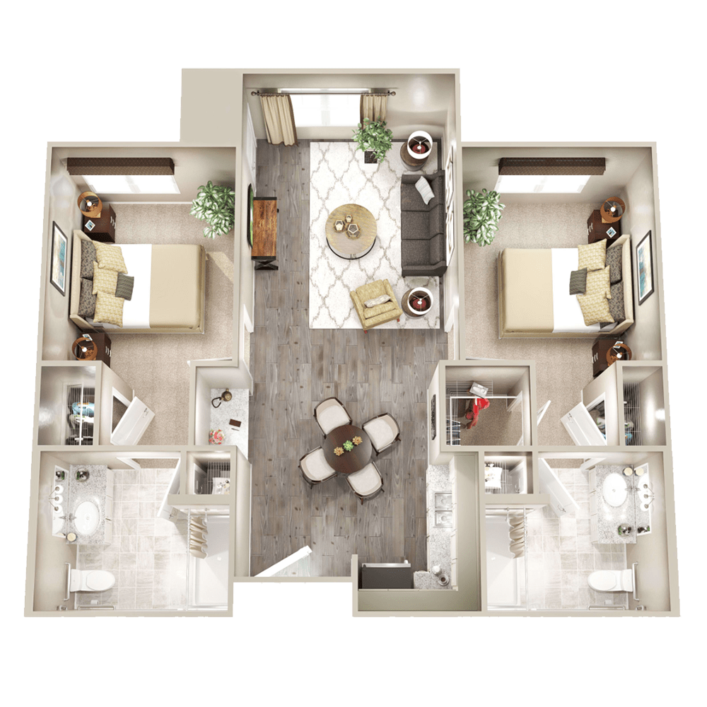 A detailed floor plan of a two-bedroom apartment with an open living and dining area.