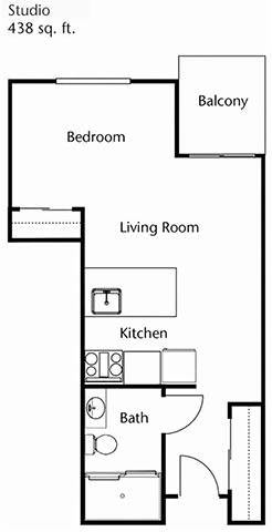 A simple floor plan showing a one-bedroom apartment with a living room and kitchen.