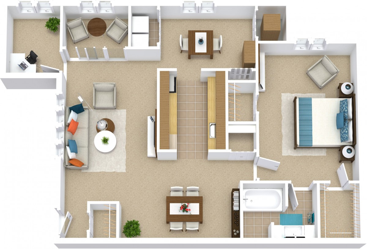 A detailed floor plan of a residential apartment showcasing the layout of rooms and furniture arrangement.