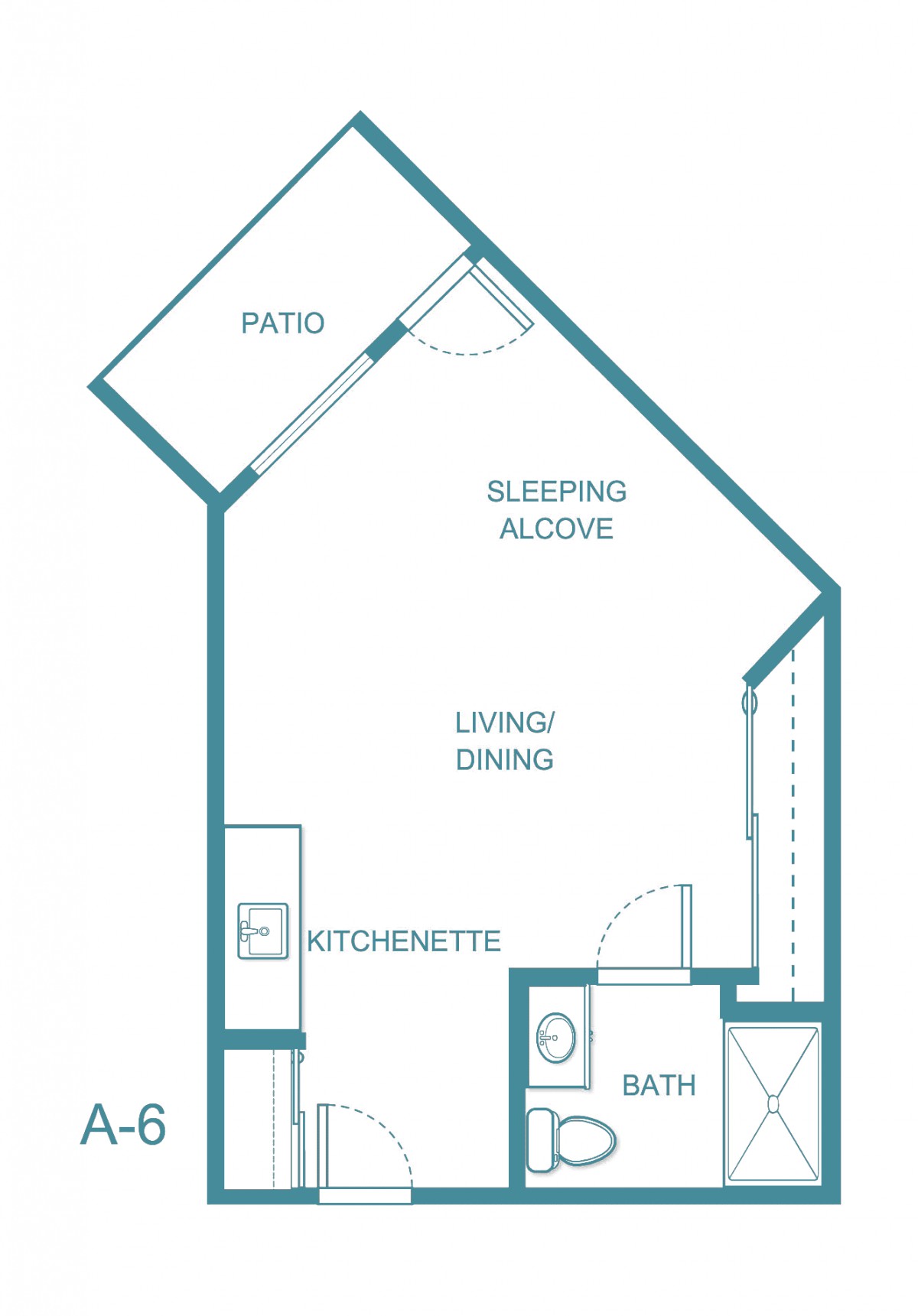 Floor plan of a studio apartment with a patio, kitchenette, and bathroom.