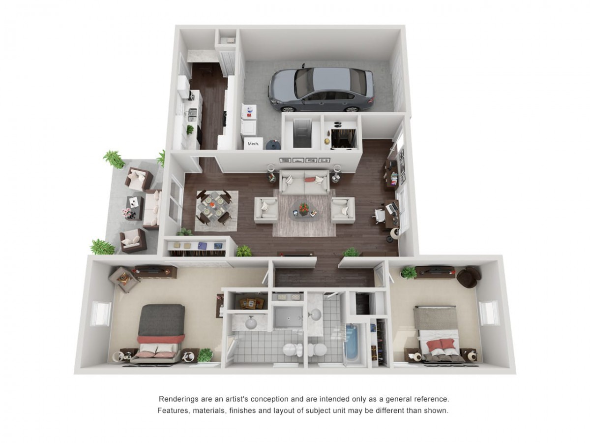 A 3D floor plan of a two-bedroom apartment featuring an open living area, kitchen, garage, and bathroom.