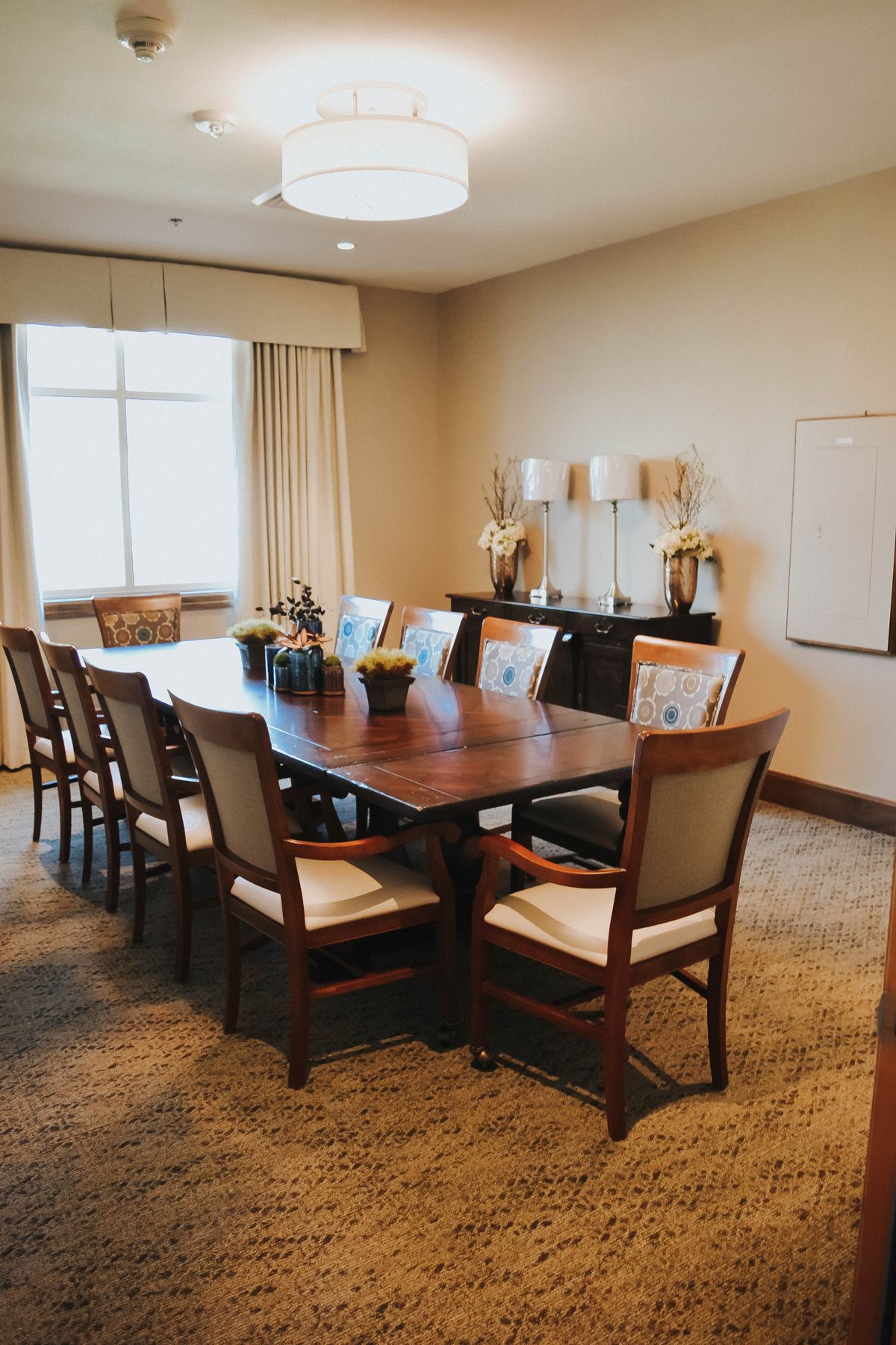 A well-furnished conference room with a long table and several chairs, decorated with plants and wall art.