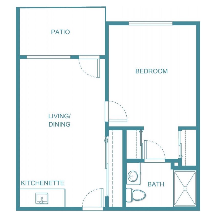 A floor plan depicting a one-bedroom apartment with a patio, living/dining area, kitchenette, and bathroom.