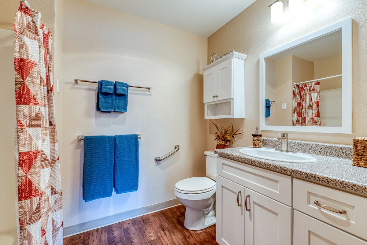 A well-organized bathroom with wooden flooring, featuring a toilet, vanity with a sink, and blue towels neatly hung on the wall.