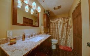 A cozy bathroom featuring a granite countertop with a vanity and sink, well-lit by elegant pendant lights above. The shower is adorned with an ornate curtain, complementing the warm-toned decor.