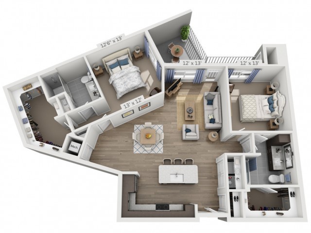 A 3D rendering of a modern apartment floor plan showcasing two bedrooms, a spacious living area, and an open kitchen.