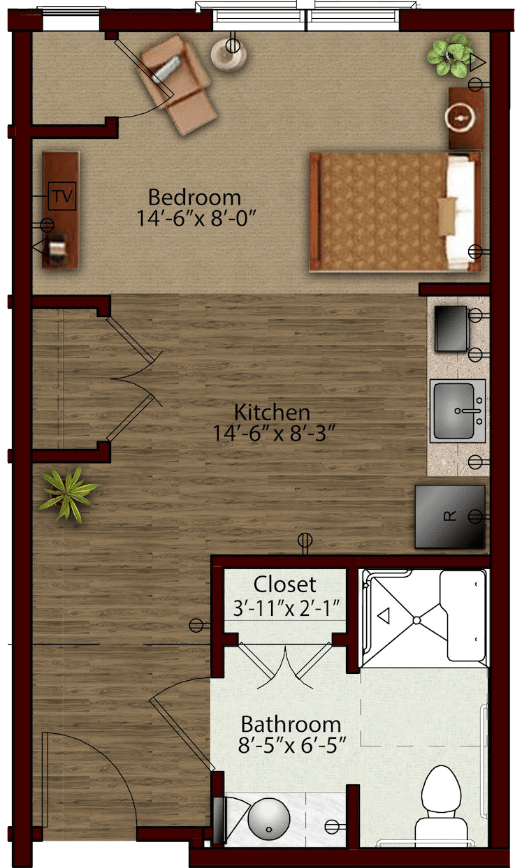A floor plan featuring a bedroom, kitchen, closet, and bathroom area.