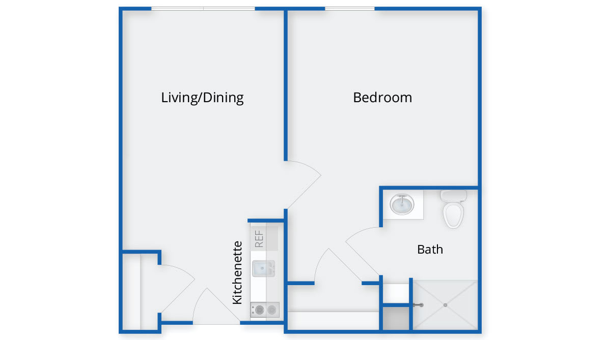 This image shows a simple floor plan of an apartment with designated areas for living/dining, bedroom, kitchenette, and bathroom.