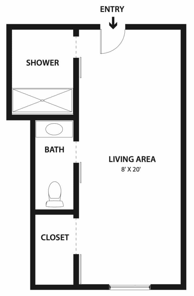 A simple floor plan featuring a living area, bathroom with shower, and closet.