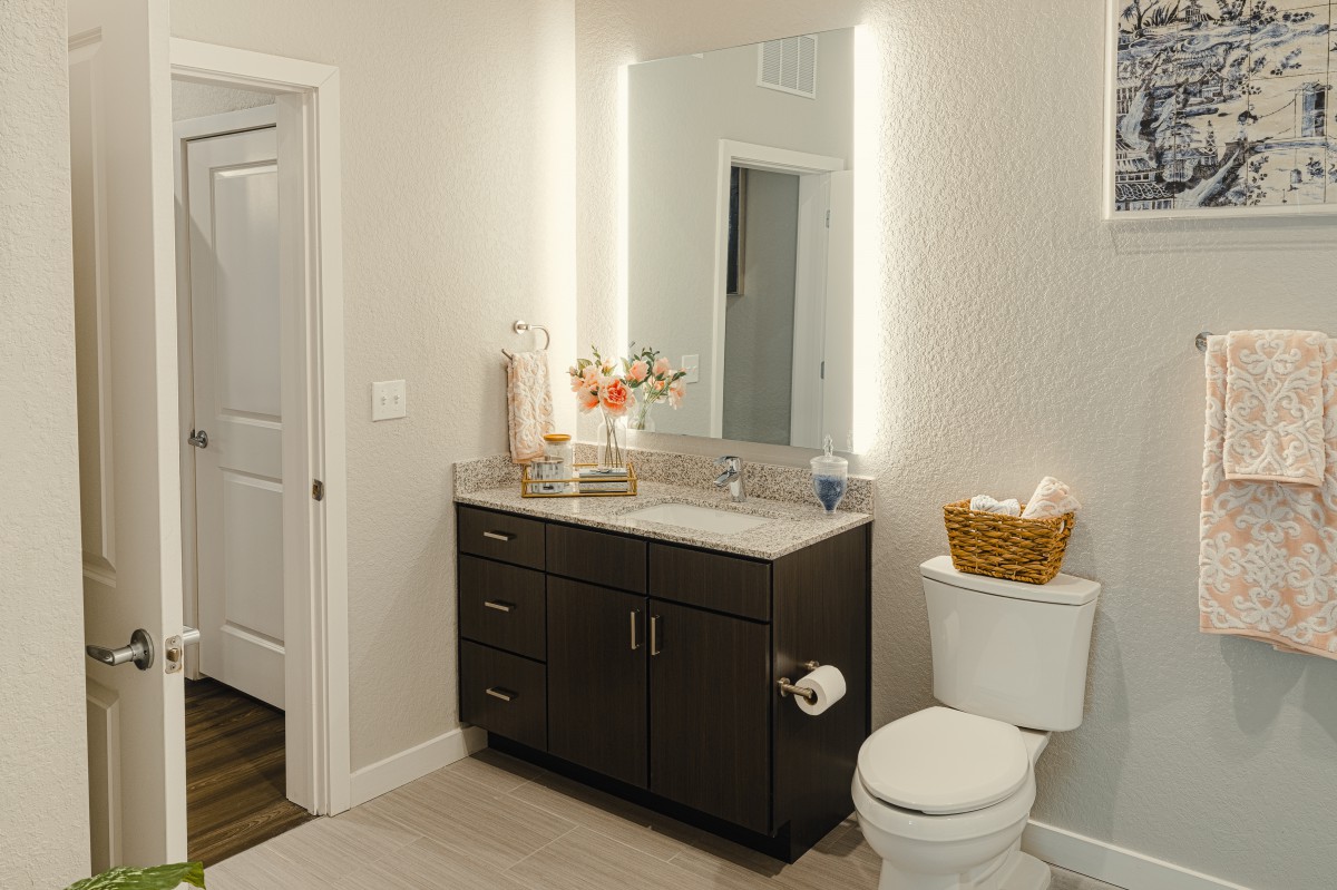 A modern bathroom with a vanity, illuminated mirror, and neatly arranged decor.
