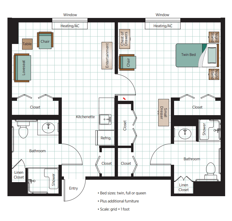 A detailed floor plan of a two-bedroom, two-bathroom apartment layout.