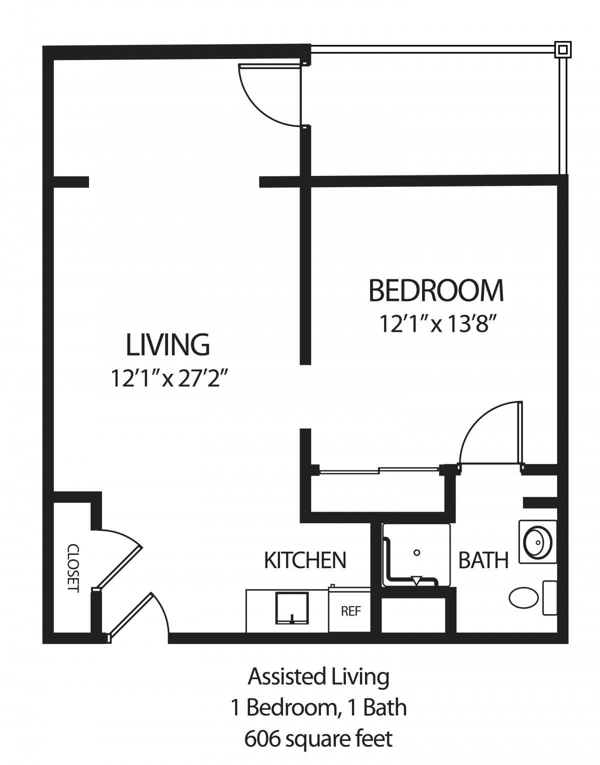 Blueprint of a one-bedroom apartment with living room, kitchen, and bathroom.