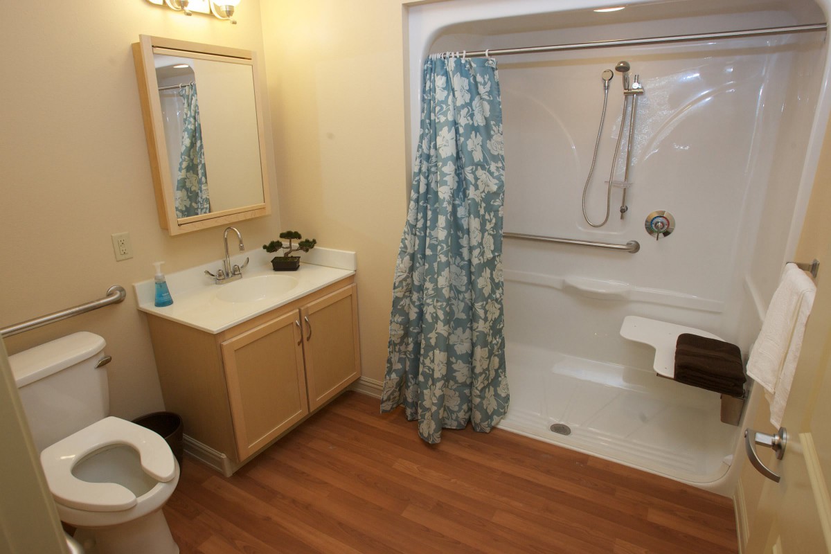 A cozy bathroom with a shower, vanity, and wooden flooring.