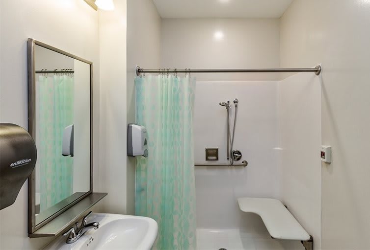 An accessible bathroom with a shower, foldable seat, and safety grab bar.