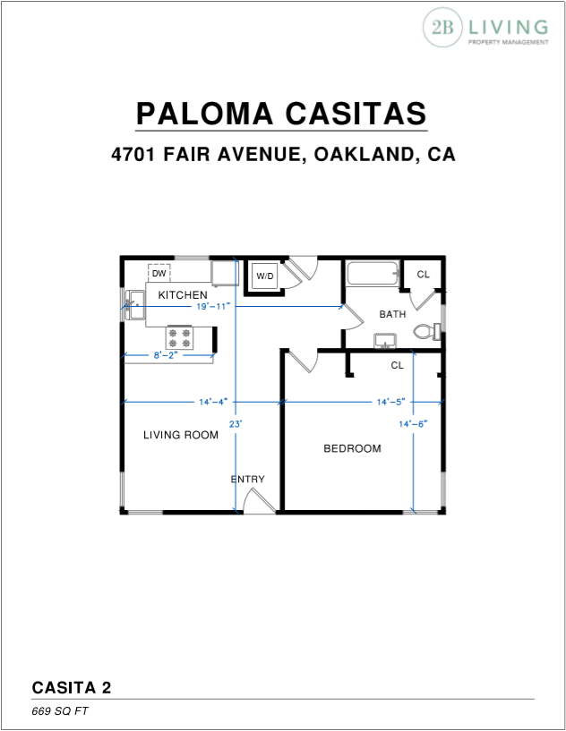 Floor plan for a 1-bedroom apartment at Paloma Casitas in Oakland, CA.