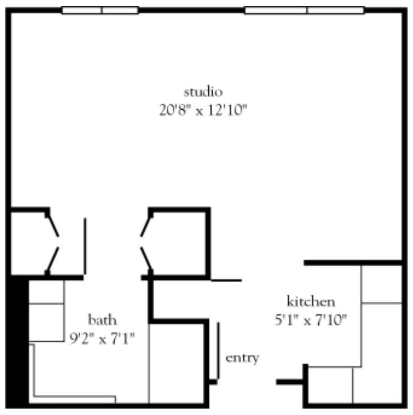 A floor plan of a studio apartment showing dimensions for the studio, kitchen, and bath areas.