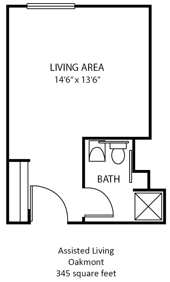 A floor plan of a studio apartment featuring a living area and a bathroom.