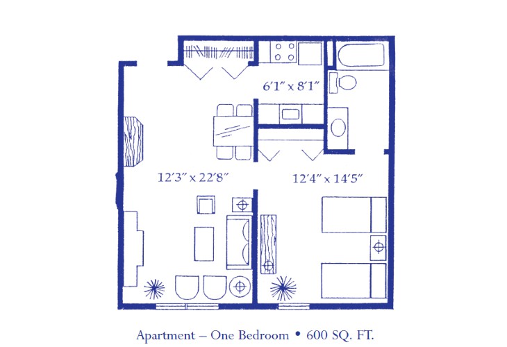 Floor plan of a one-bedroom apartment with a living room, kitchen, and bathroom.