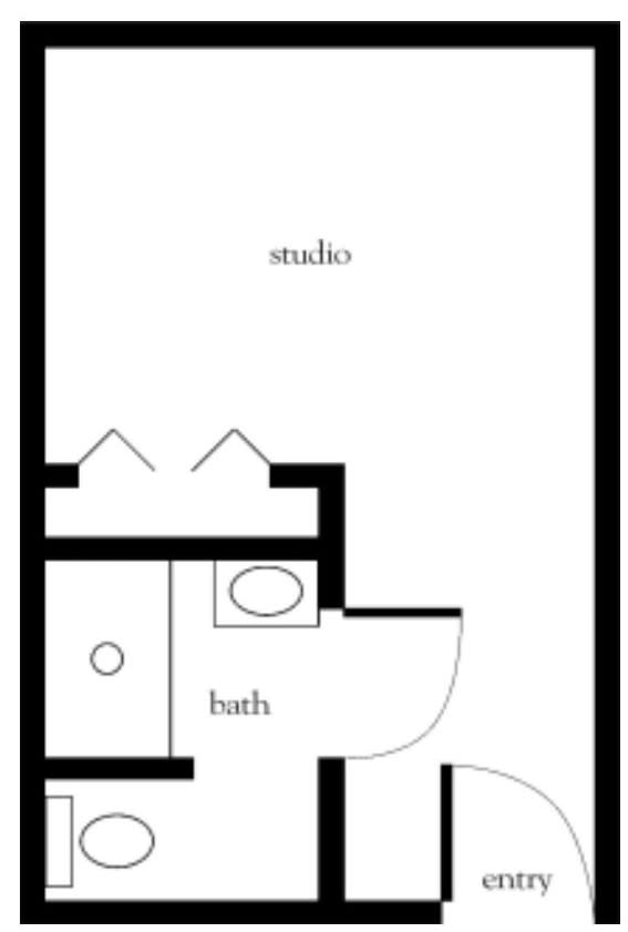 A simple floor plan of a studio apartment, featuring a main studio area and a bathroom.