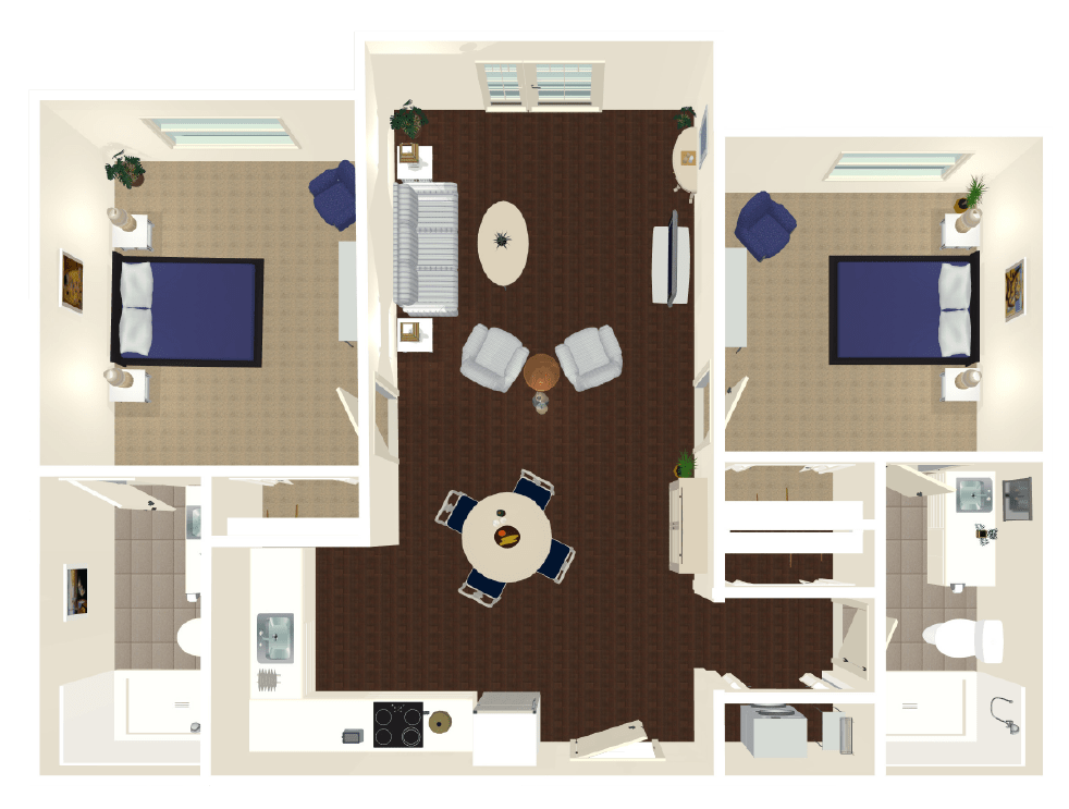 A top-down view of a two-bedroom apartment floor plan, featuring a living room, kitchen, and bathroom.