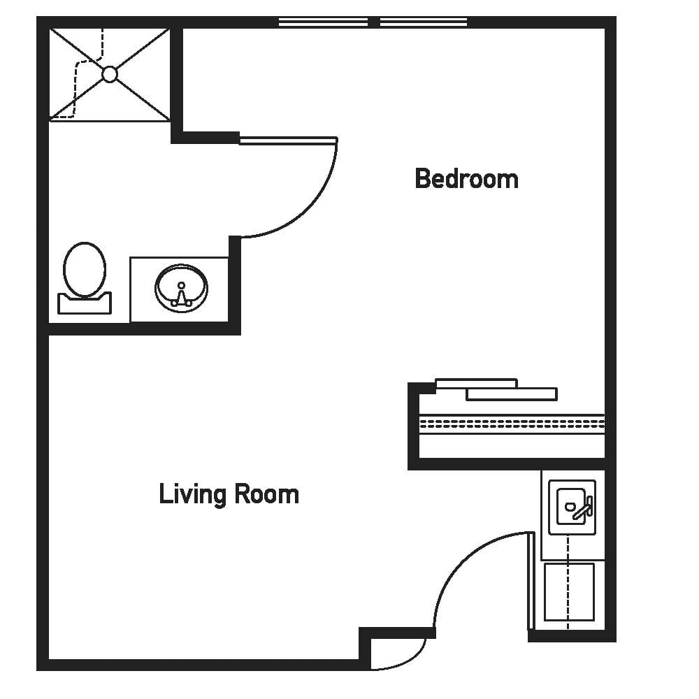 A simple floor plan layout of a small apartment with a bedroom, living room, and bathroom.