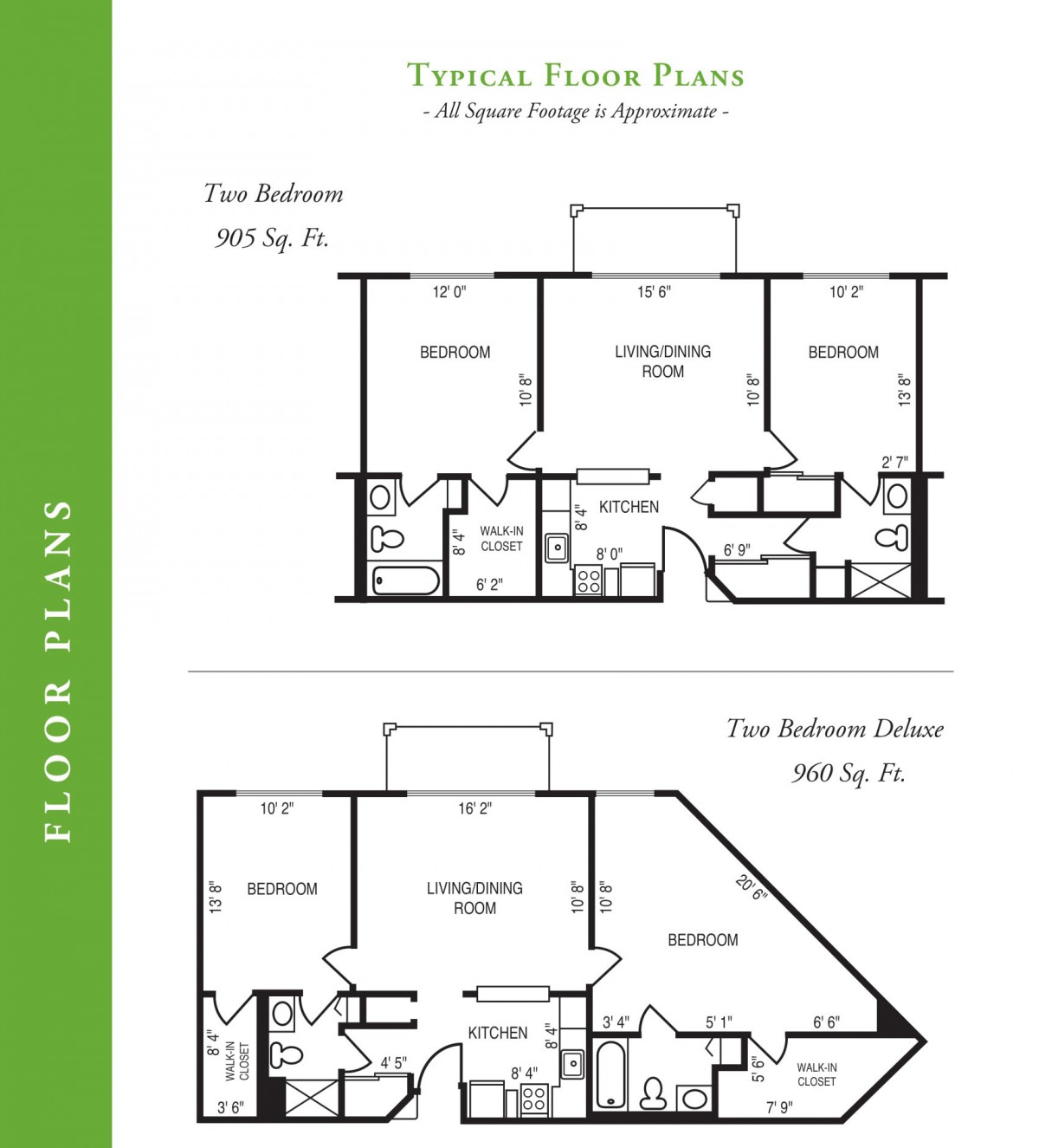 Floor plans of a typical two-bedroom apartment, featuring standard and deluxe layouts.