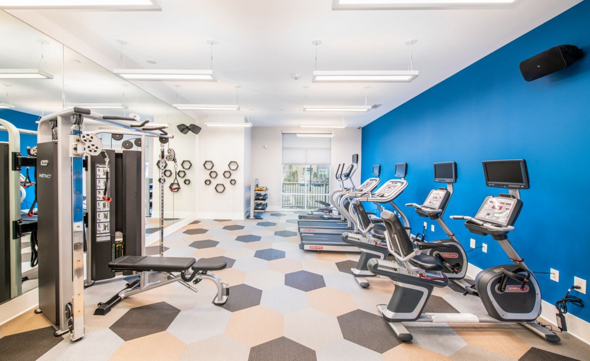 A modern gym with various exercise equipment, including treadmills and stationary bikes, set in a bright and spacious environment.