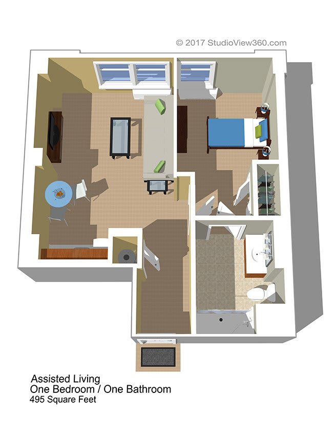 3D floor plan of a one-bedroom apartment with a living room, kitchen, and bathroom.