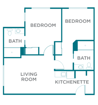 A floor plan of a two-bedroom apartment with a living room, kitchenette, and two bathrooms.