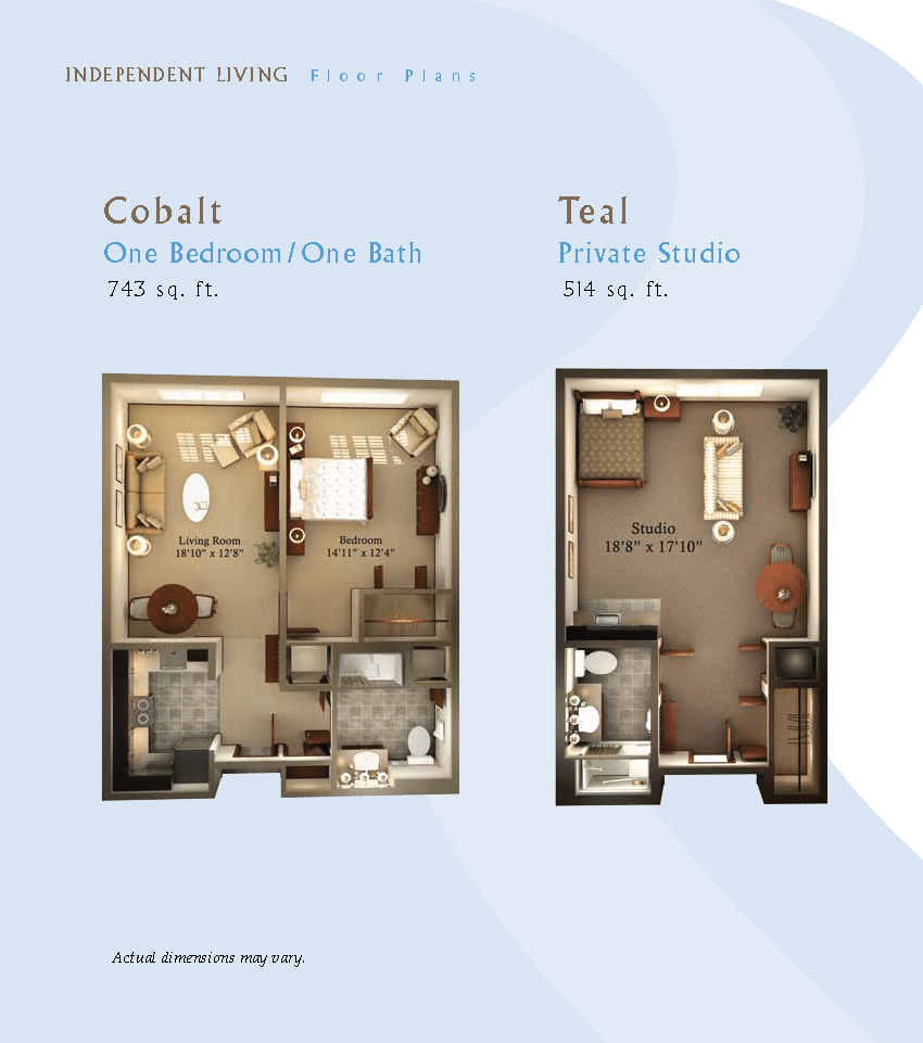 This image showcases two apartment floor plans: the Cobalt layout featuring one bedroom and one bathroom, and the Teal layout showcasing a spacious studio with a modern design.