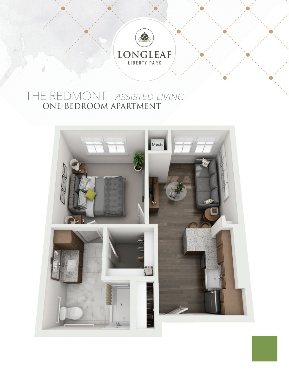 3D floor plan of a one-bedroom apartment with labeled rooms.