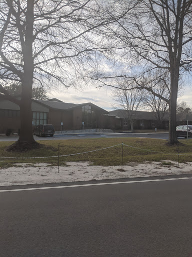 A view of a building framed by trees, with a cloudy sky overhead and patches of snow on the ground.