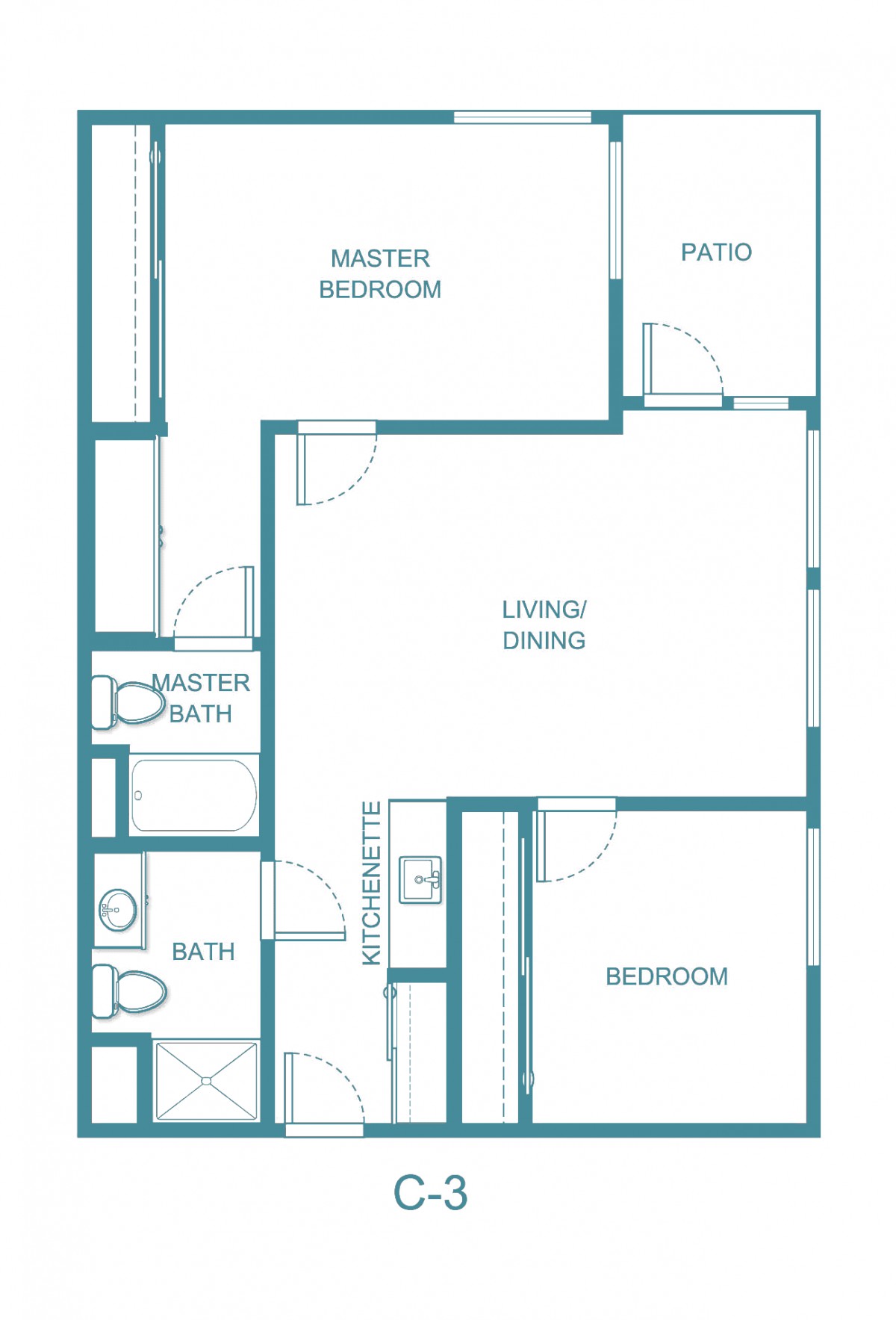 A detailed floor plan of an apartment with labeled rooms including a master bedroom, bathroom, living/dining area, and patio.