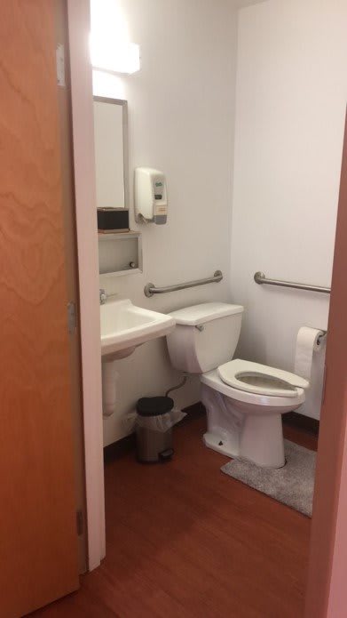 A small, accessible bathroom with a toilet and sink featuring safety handrails.
