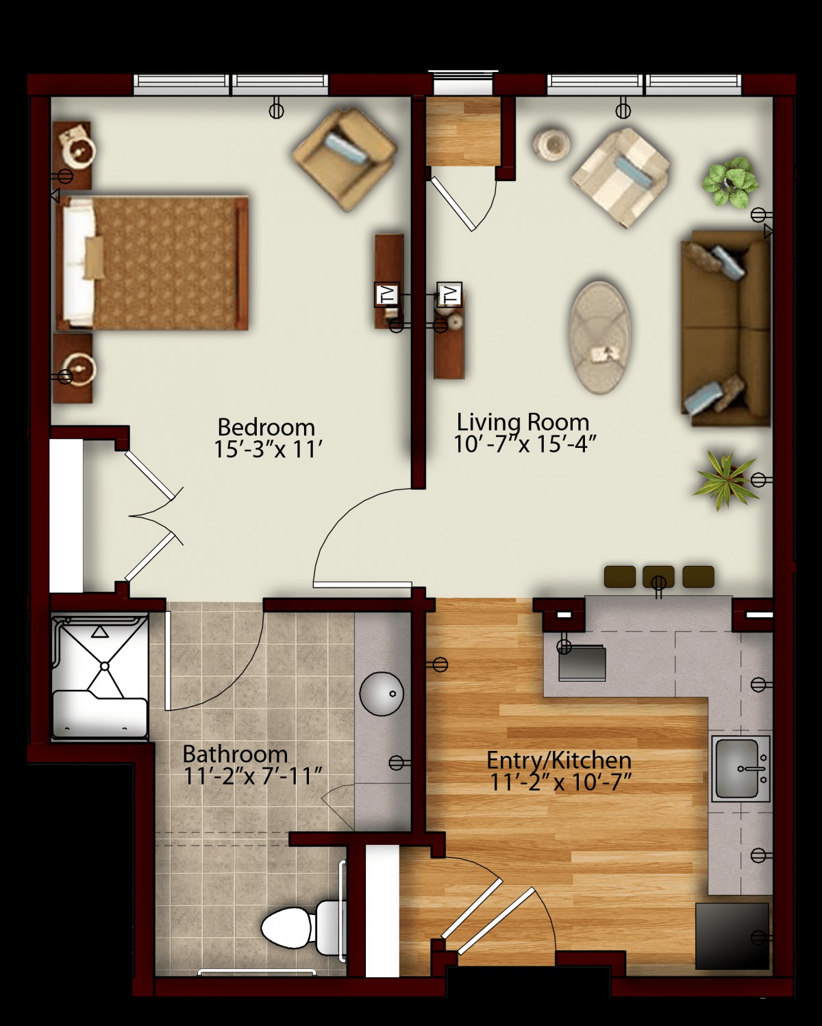 This image is a floor plan of a one-bedroom apartment, featuring a living room, kitchen, and bathroom.